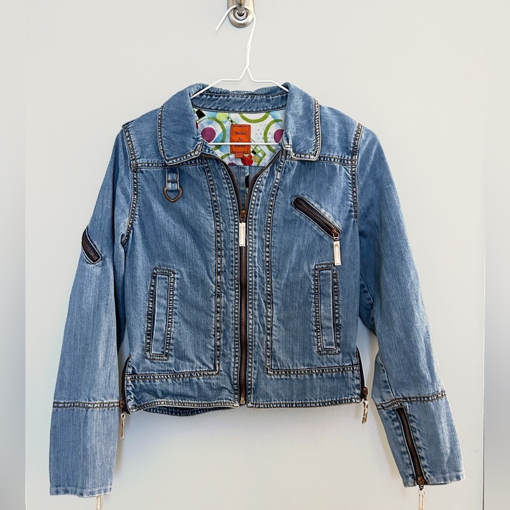 Workers for Freedom Cropped Denim Moto Jacket Y2K Indie Sleaze Size 4 - Picture 1 of 10